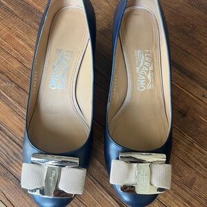 Salvatore Ferragamo Women's Navy and Beige wedges with Bow